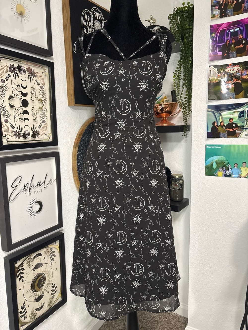 Coven United Moonprint Crossover Neck Dress Blk Celestial Stars Goth Chiffon 3XL